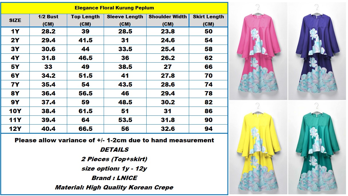 LNICE Minaz Inspired Floral Peplum Kurung 1y, 2y 2PCS SET MEASUREMENT LNICE107 FLORALedited